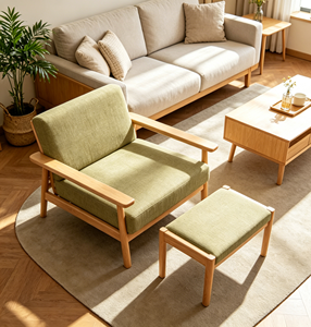 Fauteuil en bois de style mid-century moderne avec revêtement vert, dossier solide, chaise de détente pour salon, meubles de maison - Product Image 2