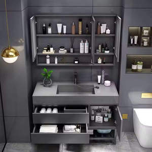 Modern <b>Wall</b> Mounted Bathroom Vanity <b>Set</b> with LED <b>Mirror</b> Cabinet Stone Basin Dark Finish In Contemporary Design - Product Image 3