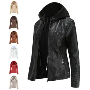 High Quality Fashion Hot Sell Two Piece Detachable Hooded PU Spring Autumn Plus Size 5XL 6XL 7XL Ladies Women Leather Jacket