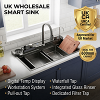 Évier de cuisine intelligent UKCA en acier inoxydable avec affichage numérique en cascade, vente en gros OEM