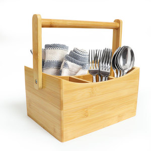 Portable Dining <strong>Table</strong> <strong>Caddy</strong> Storage 4 Compartments Wooden Desk Organiser Bamboo Flatware Utensil <strong>Caddy</strong> with Swing Handle - Product Image 2