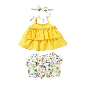 Children Wear Layers of Ruffle Suspender Top Floral Printed Shorts Polyester <b>Toddler</b> Girl Clothes - Product Image 3