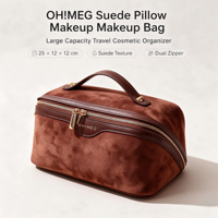 Trousse de Maquillage de Luxe en Cuir PU Effet Daim Grande Capacité, Trousse de Toilette de Voyage Professionnelle avec Compartiments pour Pinceaux Marron
