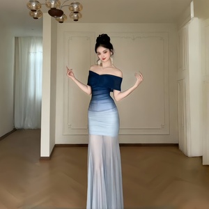Robe longue sans bretelles en <span class=keywords><strong>dentelle</strong></span> et mousseline bleue dégradée, coupe épaules dénudées, pour femme, haut de gamme, sexy, élégante, ajustée, idéale pour les vacances - Product Image 1