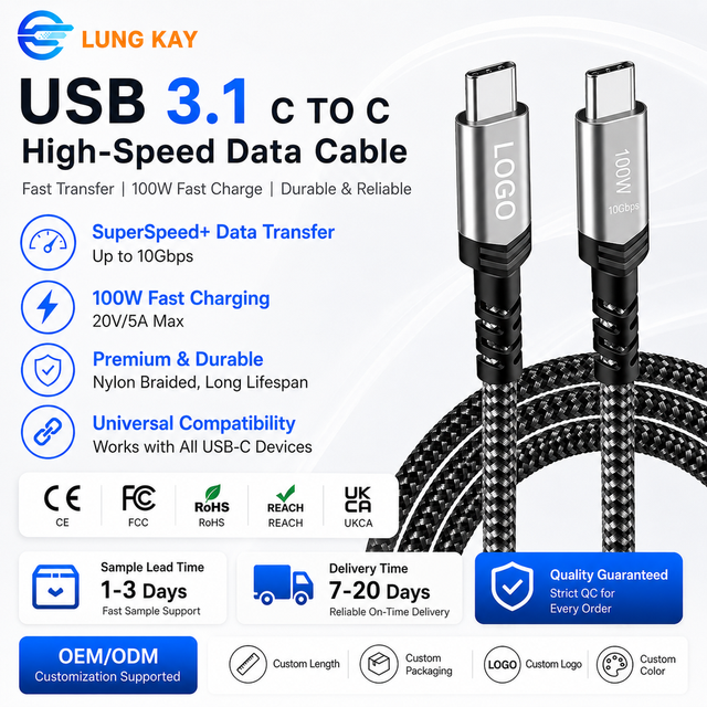 100W PD 3.1 USB 3.1 Type C to Type C Cable 10Gbps 4K 60Hz E-Marker Chip Industrial Data Cord for Professional Workstation