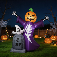 Décoration de jardin gonflable d'Halloween de 1,80 m avec tête de citrouille, squelette lumineux à LED, pierre tombale et accessoires de fête pour cimetière