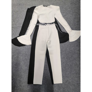 C2614 Set Estivo Casual da <span class=keywords><strong>Donna</strong></span> in Due Pezzi, Bianco e Nero, con Maniche a Campana, Lacci e Dettagli Traforati, Slim Fit, Eco-Friendly - Product Image 4