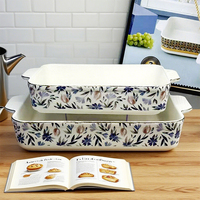 Set Peralatan Panggang Keramik 3 Buah Gaya Rustic dengan Dekorasi Bunga, Anti Lengket, Aman untuk Microwave dan Mesin Cuci Piring, Ramah Lingkungan