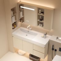 Nouveauté 2022 : Ensemble de meuble-lavabo de salle de bain moderne en bois massif et contreplaqué, avec plateau en pierre crème, vasque monobloc en céramique et éclairage LED tactile