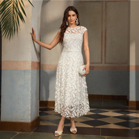 Robe décontractée pour femme, unie, blanche, tissée, col montant, manches courtes, longueur midi, taille empire, moulante, respirante, élégante, pour soirée