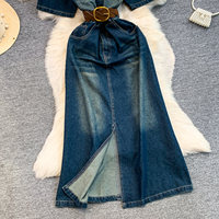 Robe en jean décontractée pour femme WIWT à manches courtes, coupe trapèze, avec ceinture et nœud décoratif, pour le quotidien