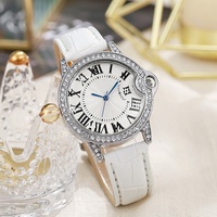 Montre pour femme élégante sertie de diamants, bracelet en cuir, mouvement à quartz, boîtier en alliage de 30 mm, cadran à aiguilles