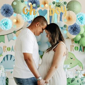 Decoraciones para Baby Shower en Azul Polvoriento y <span class=keywords><strong>Verde</strong></span> Salvia, Banner 'Oh Boy', Pompones de Papel de Seda Beige Claro, Abanicos, Kit de Guirnaldas con Borlas Crema - Product Image 5