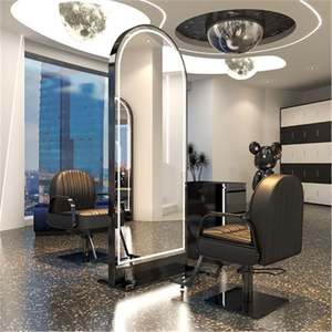 Estación de espejo de estilista de peluquero con marco de Metal de doble cara de lujo moderno profesional con luz LED para piso de salón de belleza - Product Image 5
