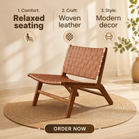 Fauteuil lounge en bois massif de style nordique, inspiré d'Instagram, avec revêtement en cuir de selle, fauteuil décontracté pour salons, conçu par des designers, pour une ambiance détendue