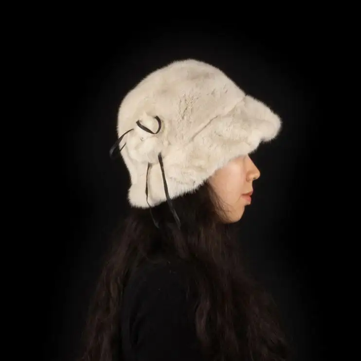 DH IATOYW Topi Bulu Mink Krem Hangat Musim Dingin dengan Pita Sutra Topi Ember Floppy untuk Wanita