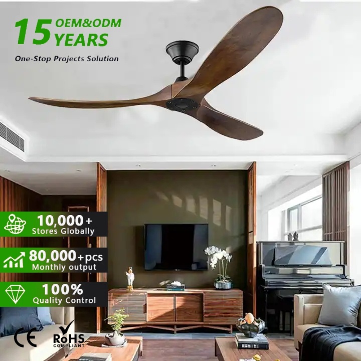 60 / 70 / 88 Inch Industrial Vintage DC Blower Wooden Propeller LED Ceiling Fans Dark Walnut Wood Blade Ceiling Fan
