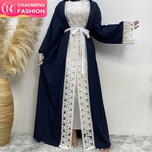 1498# Elegant Navy Front Open <b>Abaya</b> Pretty Floral White Lace Long Sleeve <b>Abaya</b> Long Robe for Muslim Women 2XL 3XL Limited - Product Image 1