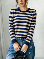 Pull tricoté rayé pour femme 2026, col rond, manches longues, poignets et ourlet côtelés, coupe ample, doux, confortable, style vintage décontracté