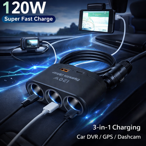 Adaptador de Corriente para Coche <span class=keywords><strong>3</strong></span> en 1 con Puerto USB Tipo C de 120W, Divisor de Encendedor de Cigarrillos de 12V/24V, Cargador Rápido para Teléfono, DVR, GPS y Dashcam - Product Image 1