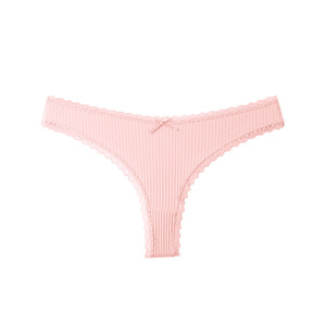 Culotte string côtelée en dentelle pour femme, en coton confortable, taille basse, grande taille, avec nœud, vente en gros, OEM ODM - Product Image 1