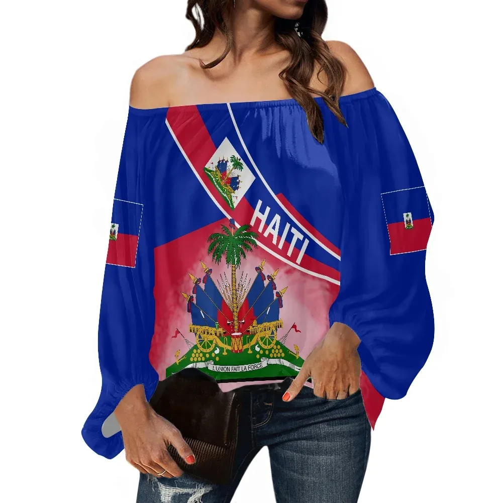 Vintage Haiti Aufdruck Shirt Oberteil schulterfrei chiffon langärmeliges T-shirt lässige Mode Stil cool Sommer Damenhemd Bluse