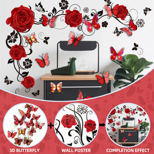 Adesivo murale fiore rosa rosa Plus 3D <span class=keywords><strong>farfalla</strong></span> rossa 12 adesivo da parete decorativo - Product Image 2