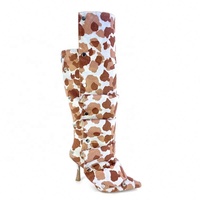Bottines pour femmes, nouvelle couleur, talons hauts, bout pointu, boucle, jeans, bottes en denim style tie-dye, hauteur genou