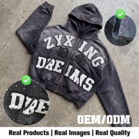 Sweat-shirts décontractés personnalisés 100 % coton avec fermeture éclair, patch brodé, imprimé, effet vieilli vintage et strass