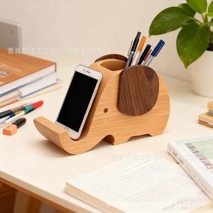 Soporte de escritorio de madera con forma de elefante para bolígrafos y teléfonos, organizador de oficina, estante de almacenamiento, bonito soporte para artículos de papelería - Product Image 1
