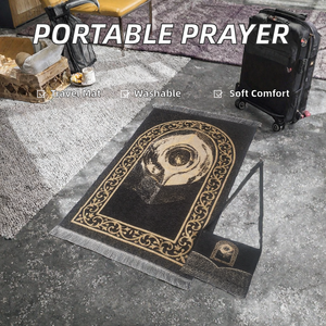 <b>Portable</b> Muslim Prayer Mat Bag Sajadah Gift Set <b>Machine</b> Made Cushioned Washable PET Friendly Home Camping Use Black Polyester - Product Image 2