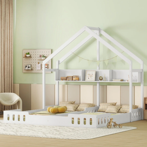 Cama de Madera para Dos Personas <span class=keywords><strong>con</strong></span> Techo, <span class=keywords><strong>Piso</strong></span> y Estantes, Barandillas, Cama Montessori para Dos Niños, para Niños y Niñas, Color Blanco Crema - Product Image 2