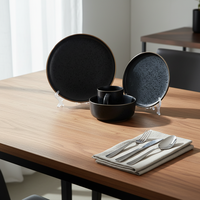 Service de table de luxe 4 pièces en céramique émaillée noire – Bols et assiettes résistants à la chaleur, compatibles micro-ondes et anti-fuite