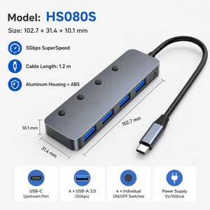 Hub <span class=keywords><strong>USB</strong></span> 5 en 1, <span class=keywords><strong>adaptateur</strong></span> <span class=keywords><strong>USB</strong></span> 3.0 de type A à 4 ports avec interrupteurs d'alimentation individuels, séparateur multiport en aluminium pour PC portable - Product Image 4