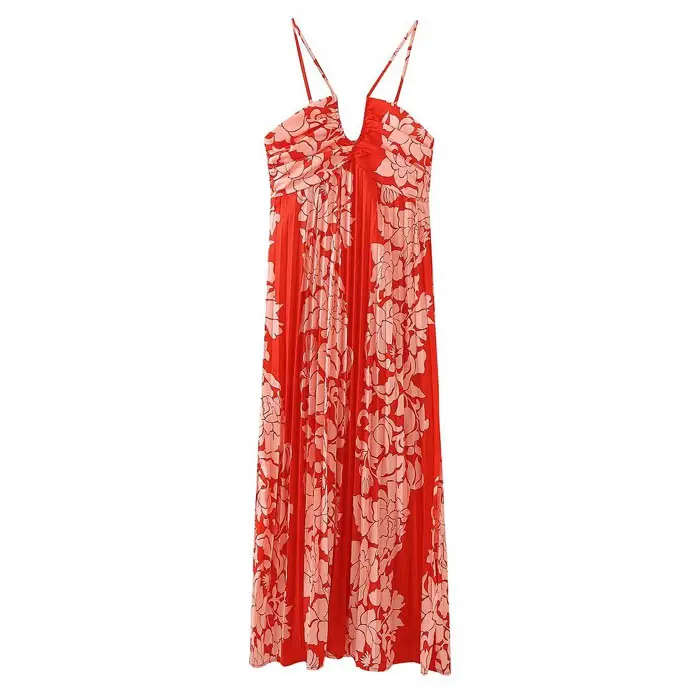 QZ163 New 2023 Fashion European Design Spaghetti Strap V Neck Floral Print Pleated Dress Women's Dresses 11