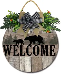 Bear Welcome Sign Front Door Decor for Farmhouse Porch Rustic Greenery Bow Round Wooden Hanging Sign Housewarming Gift for Home