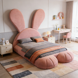 Cama Infantil Tapizada con Forma de Conejo, Muebles Infantiles para Dormitorio con Otomanas y Luz de Lectura - Product Image 1