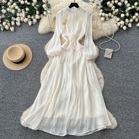 Robe élégante en mousseline de soie rose à manches longues, col haut, taille froncée, coupe midi évasée pour femmes, occasions de fête et de soirée