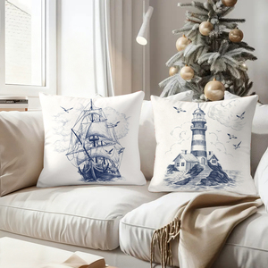 Bantal hias bertema bahari dengan gambar kapal, kompas, dan mercusuar untuk dekorasi rumah bergaya pantai - Product Image 4