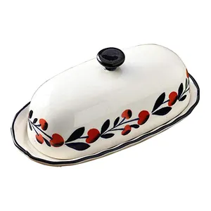 Logo personnalisé <span class=keywords><strong>Fleur</strong></span> Design Peinture à la main Plat à fromage Vache Assiette à beurre <span class=keywords><strong>en</strong></span> céramique avec couvercle Promotion de marque faite à la main - Product Image 1
