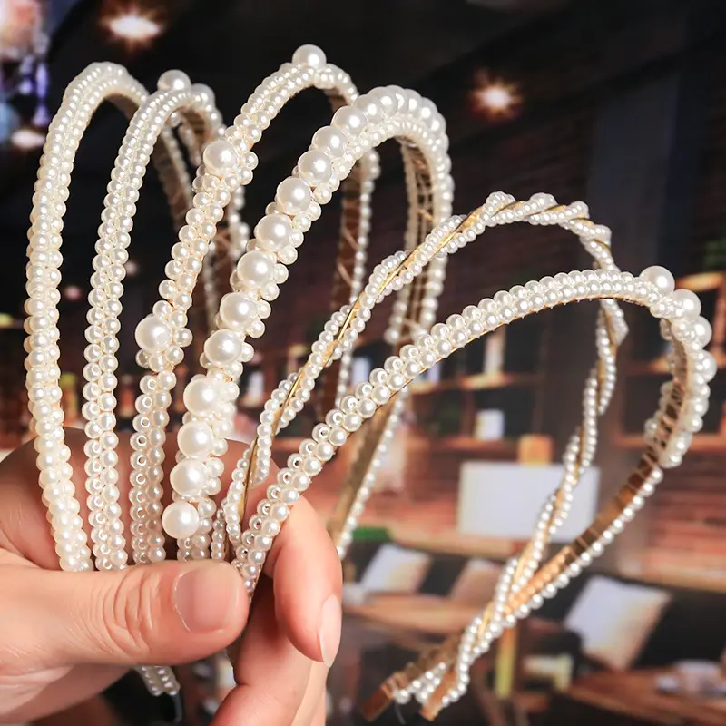 HB012B Handmade Metal Bow Flower Hair Hoop Wedding Ornaments Gold Simulation Pearl HeadBands For Women