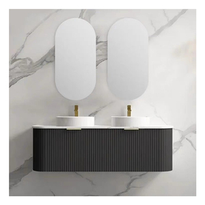 <span class=keywords><strong>Meuble</strong></span>-lavabo mural contemporain à nervures avec lavabo rond élégant, miroir ovale et façade de <span class=keywords><strong>meuble</strong></span> incurvée – Design moderne – Vente en gros - Product Image 3