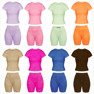 <b>Women</b> Cotton Loungewear Set Short Sleeve O-Neck Crop and Bike Shorts 2 Piece Sleepwear Summer Casual Wear - Product Image 1