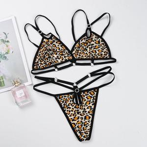 Conjunto de lencería sexy con estampado de leopardo y tiras para mujer, Bralette morado de dos piezas, Tanga, ropa íntima exótica ajustable - Product Image 5