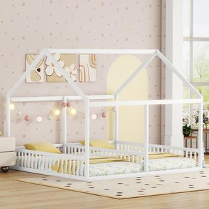 Lit double pour enfants <span class=keywords><strong>2</strong></span>-en-1 Cadre de lit en bois massif Cabine Clôture de sécurité Salle à manger MDF Sommier à lattes en bois blanc (<span class=keywords><strong>Matelas</strong></span> non inclus) - Product Image 2