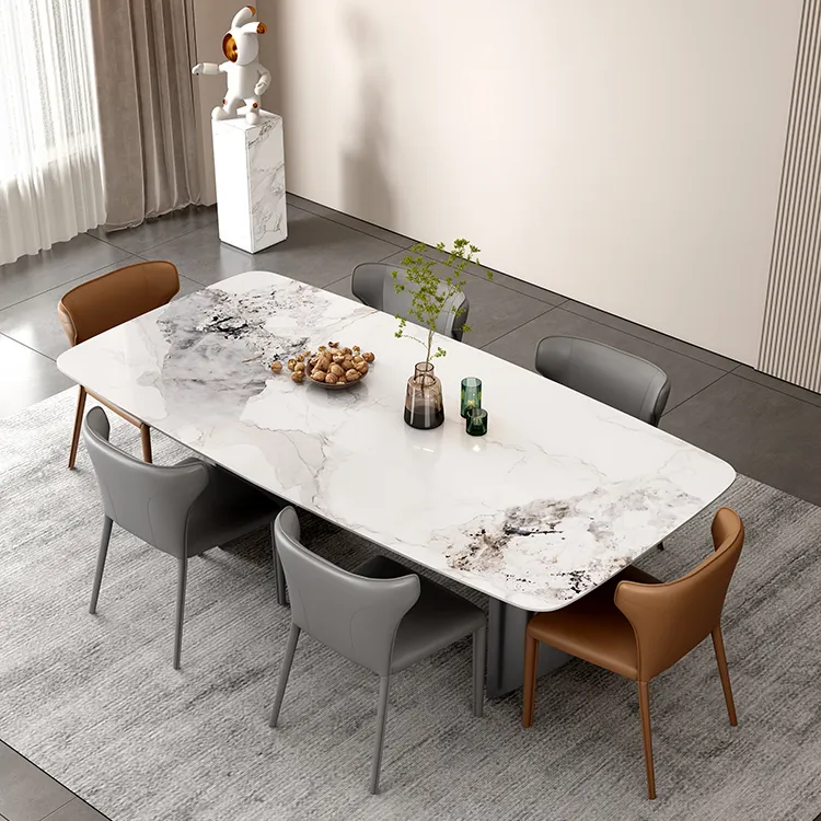 Italiaanse Moderne Luxe Huishoudelijke Kleine Eenheid Rechthoekige Rotsplaat Eettafel En Stoelcombinatie