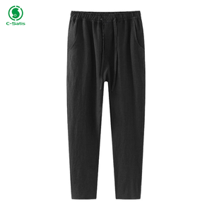 <span class=keywords><strong>Pantaloni</strong></span> Casual <span class=keywords><strong>100</strong></span>% estivi da <span class=keywords><strong>uomo</strong></span> in puro <span class=keywords><strong>lino</strong></span> a nove punte tinta unita comodo tessuto sottile con motivo dritto Logo sulla vita - Product Image 3
