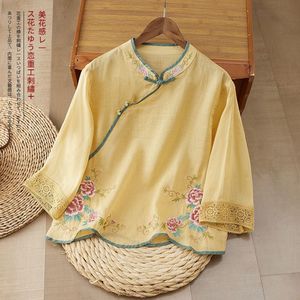 Women's Embroidered Linen Top Short Sleeve Stand Collar Chinese Knot Breathable Summer Casual Wear - Product Image 2