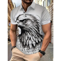 Chemise d'été pour homme à imprimé aigle 3D, manches courtes, col rabattu, décontractée, pour la rue et les vacances, 100 % polyester respirant et à séchage rapide