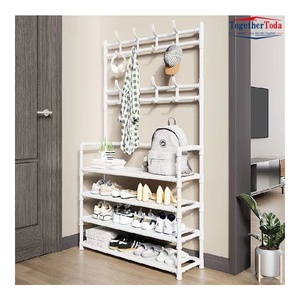 Étagère à chaussures et manteaux en acier personnalisable à plusieurs niveaux, étagère de rangement à 5 niveaux avec crochets muraux pour l'entrée - Product Image 6